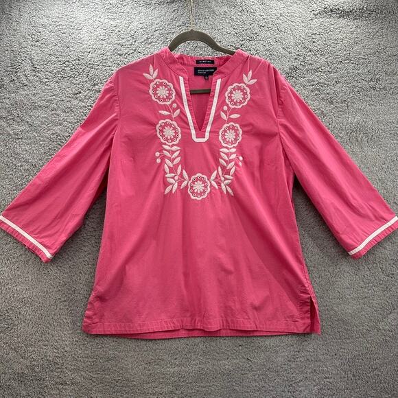 Jones New York Large Pink Tunic Top Embroidered Floral V-Neck 3/4 Sleeves - Picture 1 of 10